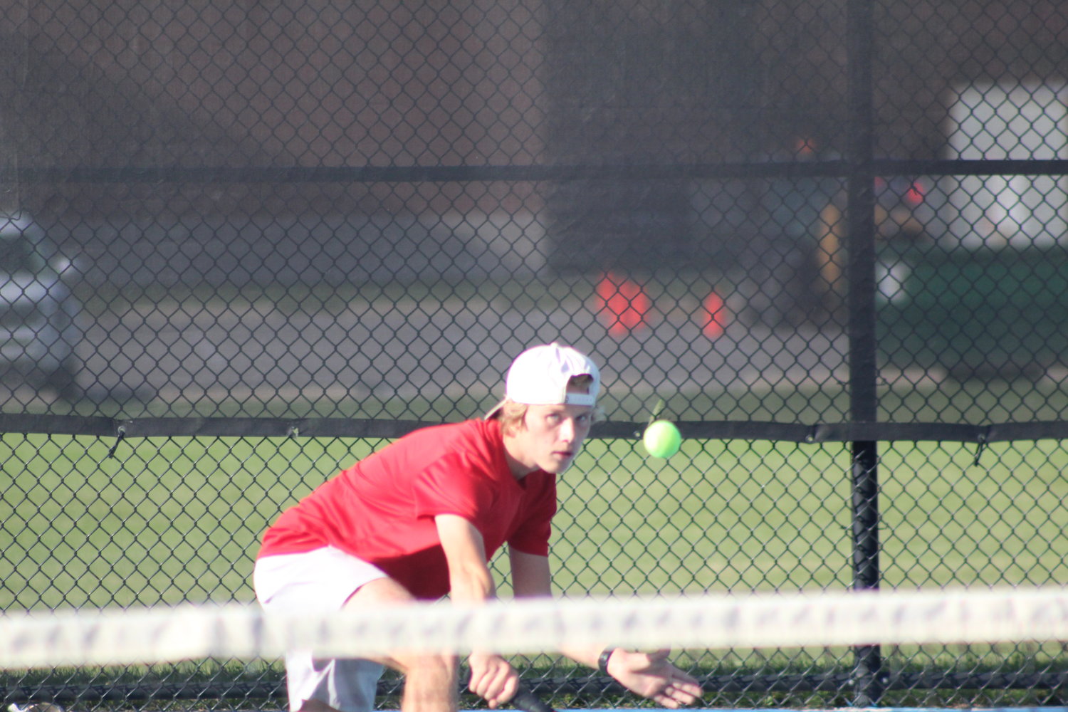 Luke Tesmer saved his best match of the season for the Mounties with a 6-0, 6-0 win at two singles.